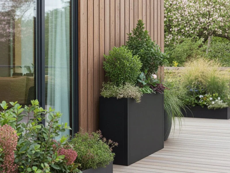 Moderner Pflanzkasten aus schwarzem Stahl mit gemischter Bepflanzung