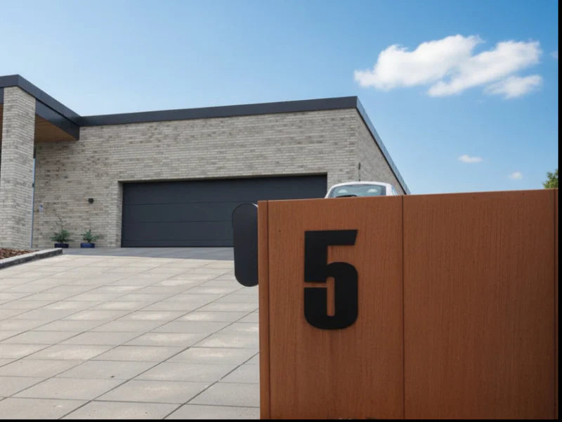 Mülltonnenverkleidung aus Stahl an moderner Einfahrt