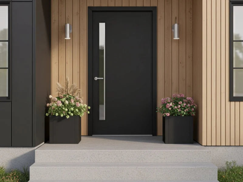 Pflanzkästen aus schwarzem Stahl mit Blumen als Begrüßung am Hauseingang