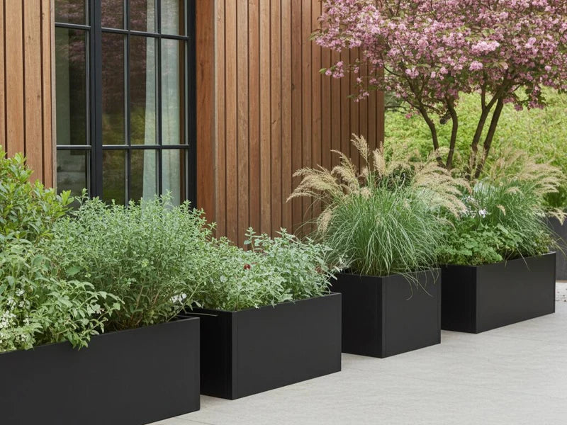 Pflanzkästen aus schwarzem Stahl mit Stauden und Ziergräsern entlang einer Holzfassade