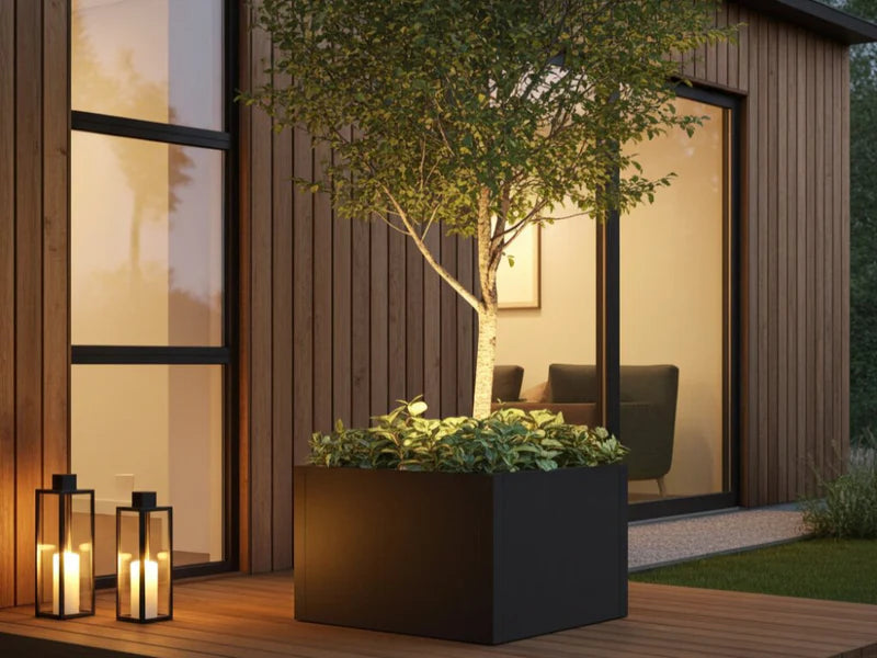 Großer Pflanzkasten aus schwarzem Stahl mit kleinem Baum auf Holzterrasse