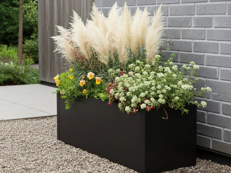 Pflanzkasten aus schwarzem Stahl mit Pampasgras und Blumen