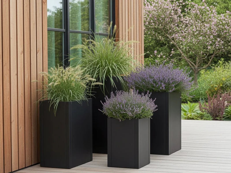 Hohe Pflanzkübel aus schwarzem Stahl mit Ziergräsern