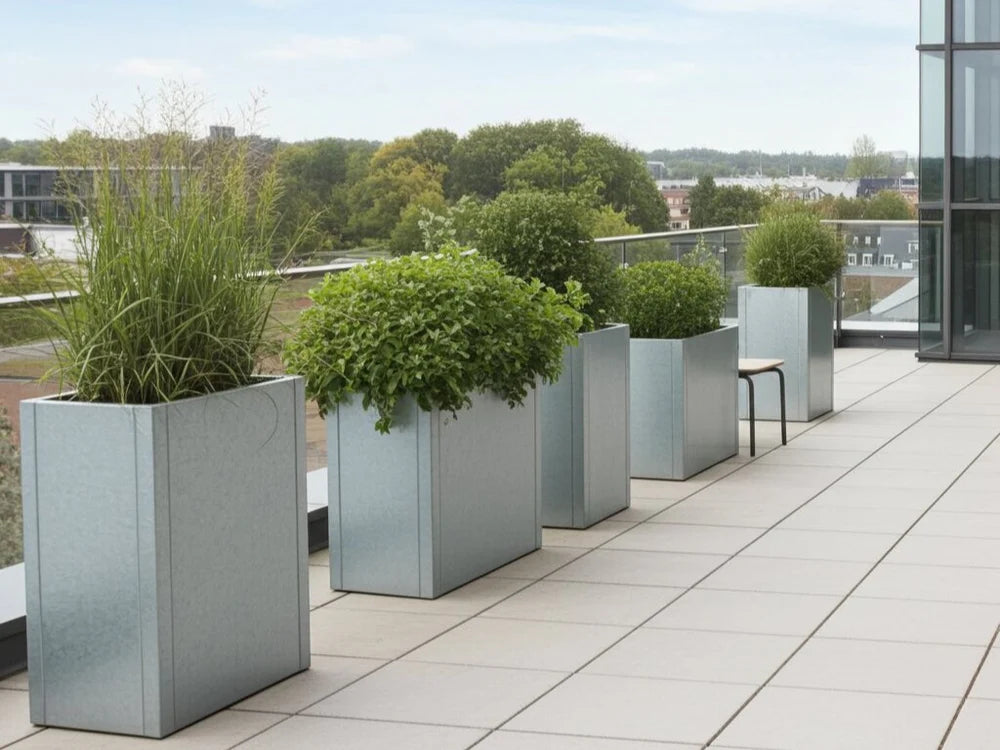 Große Pflanzkübel aus verzinktem Stahl mit grünen Pflanzen auf einem Balkon