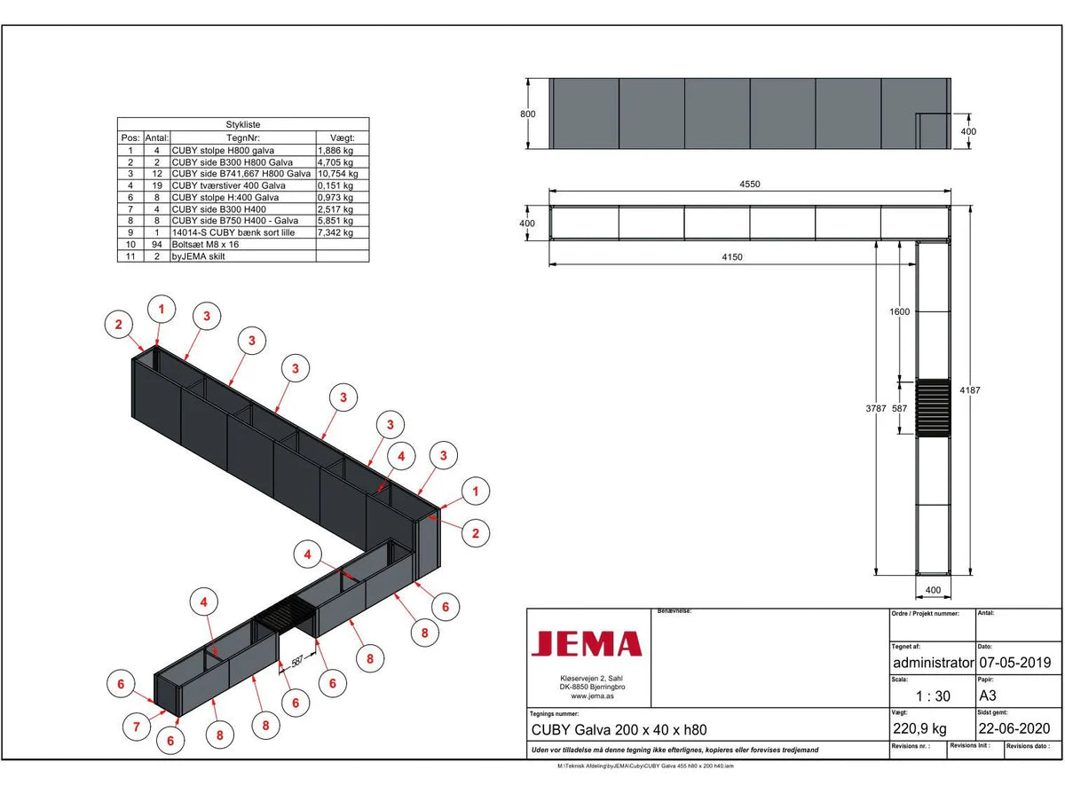 Technische Zeichnung eines Pflanzkübels aus verzinktem Stahl mit modularer Bauweise
