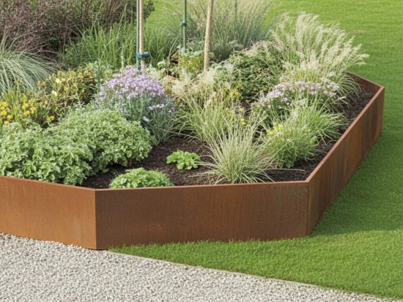 Außenwinkel 45 Grad für Stützmauer aus Cortenstahl im Gartenbeet