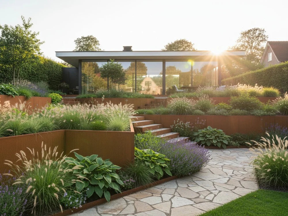 Stützmauer aus Cortenstahl für Gärten mit Höhenunterschieden