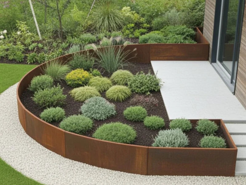 Gebogene Stützmauer aus Cortenstahl am Pflanzbeet bei Terrasse