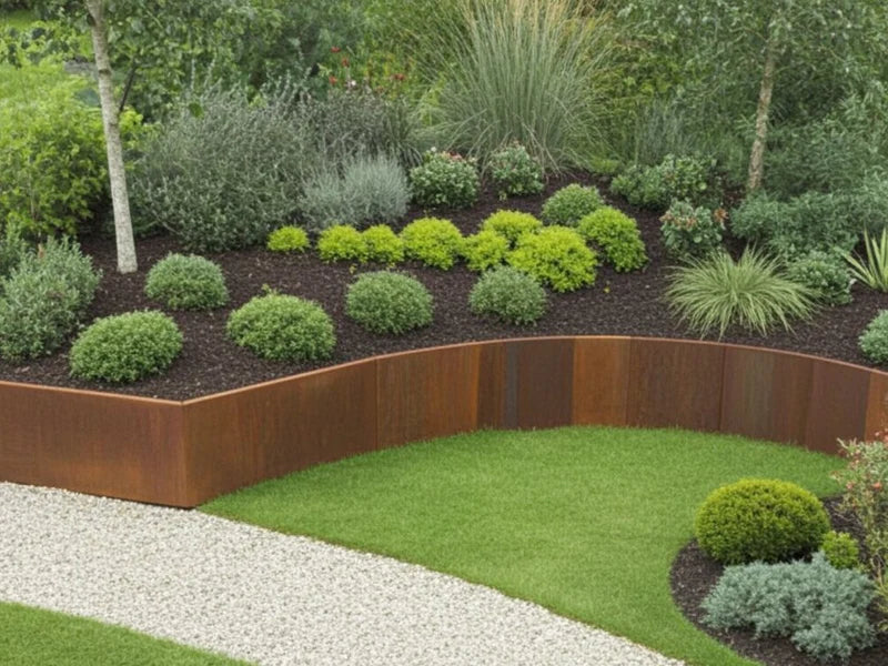 Gebogene Stützmauer aus Cortenstahl im Landschaftsgarten