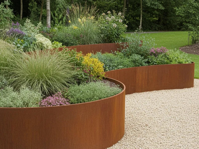 Gebogene Stützmauer aus Cortenstahl entlang eines Blumenbeets