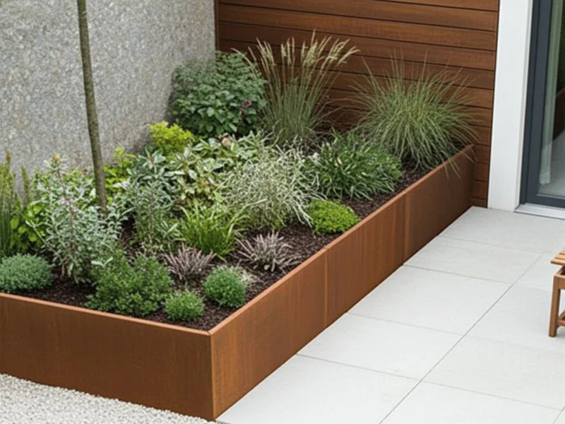 Stützmauer aus Cortenstahl für Pflanzbeet an der Terrasse als Sonderanfertigung