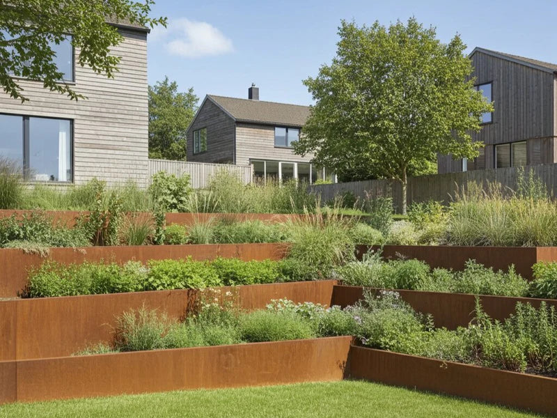 Terrassierte Stützmauer aus Cortenstahl im Villagarten