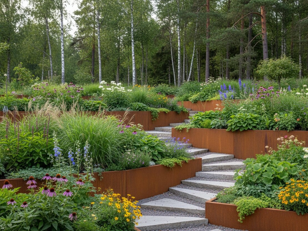 Stützmauer aus Cortenstahl mit integrierter Treppe