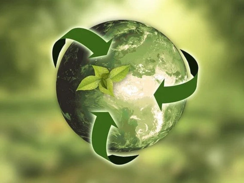 Green earth with recycling arrows and leaves symbolizing sustainability and environmental responsibility